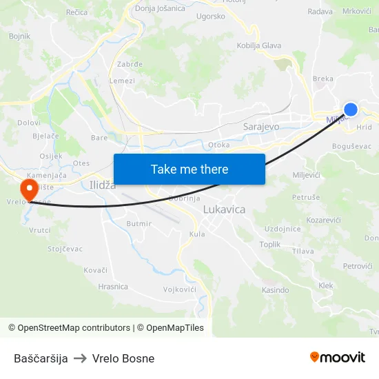 Baščaršija to Vrelo Bosne map
