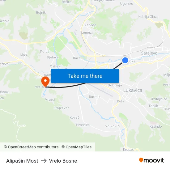 Alipašin Most to Vrelo Bosne map