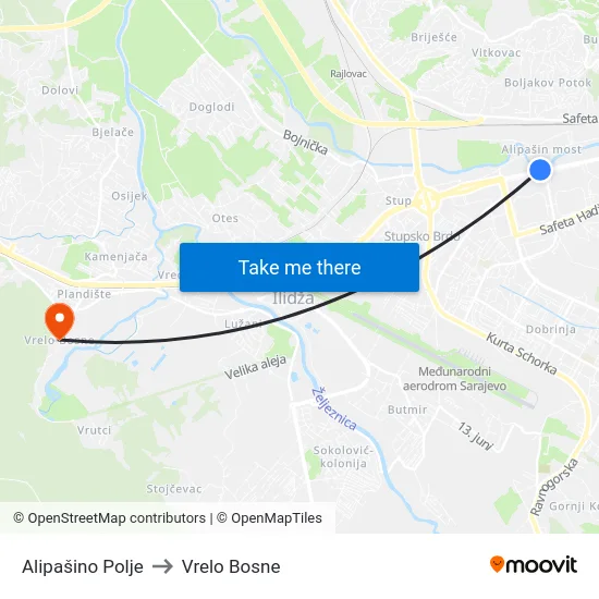 Alipašino Polje to Vrelo Bosne map