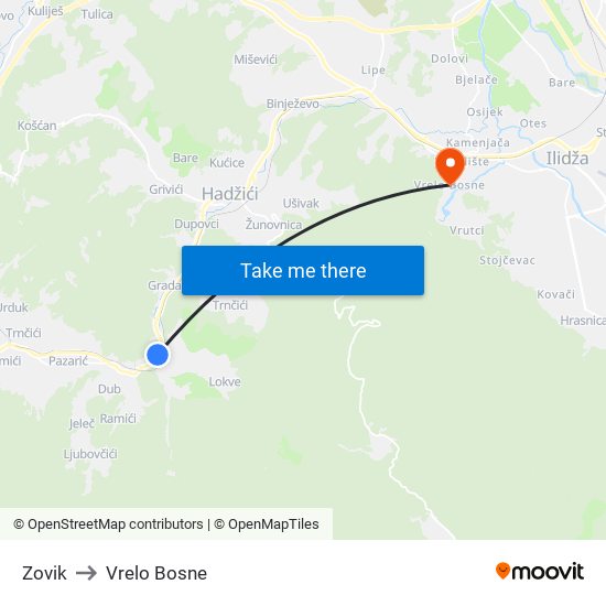 Zovik to Vrelo Bosne map