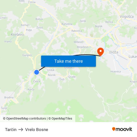 Tarčin to Vrelo Bosne map