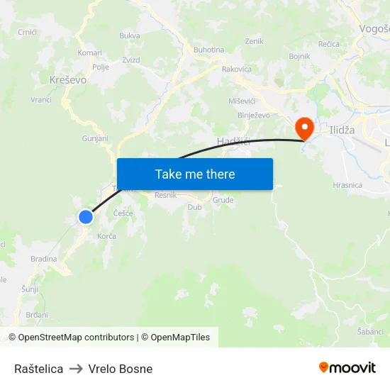Raštelica to Vrelo Bosne map
