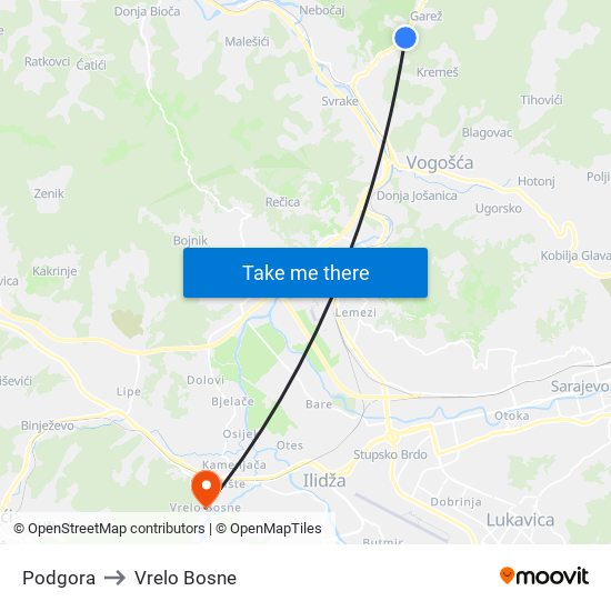 Podgora to Vrelo Bosne map