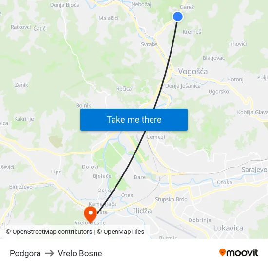 Podgora to Vrelo Bosne map