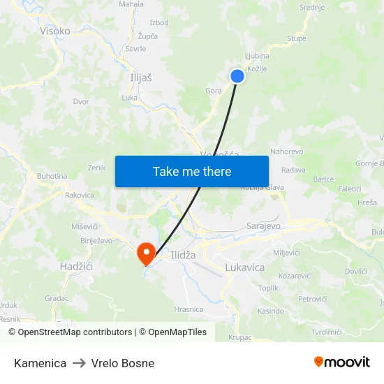 Kamenica to Vrelo Bosne map