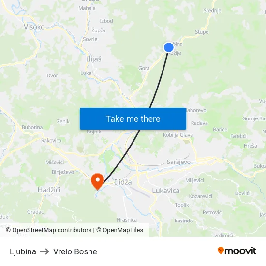Ljubina to Vrelo Bosne map