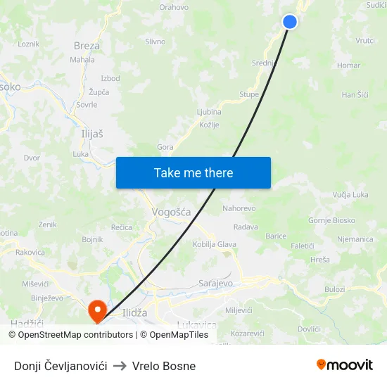 Donji Čevljanovići to Vrelo Bosne map