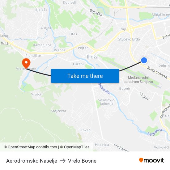 Aerodromsko Naselje to Vrelo Bosne map