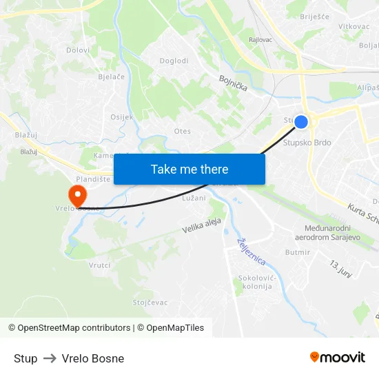 Stup to Vrelo Bosne map