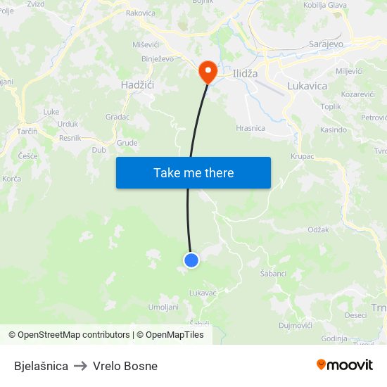 Bjelašnica to Vrelo Bosne map