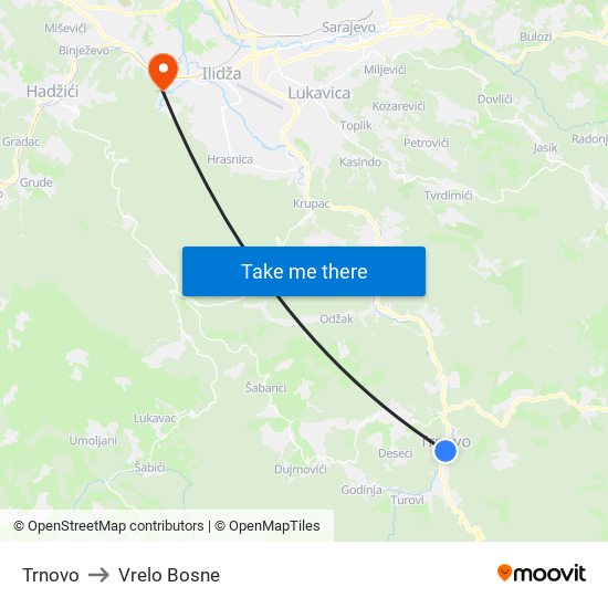 Trnovo to Vrelo Bosne map