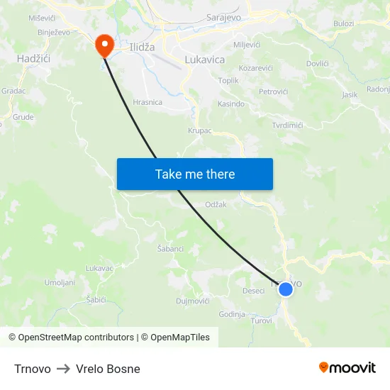 Trnovo to Vrelo Bosne map