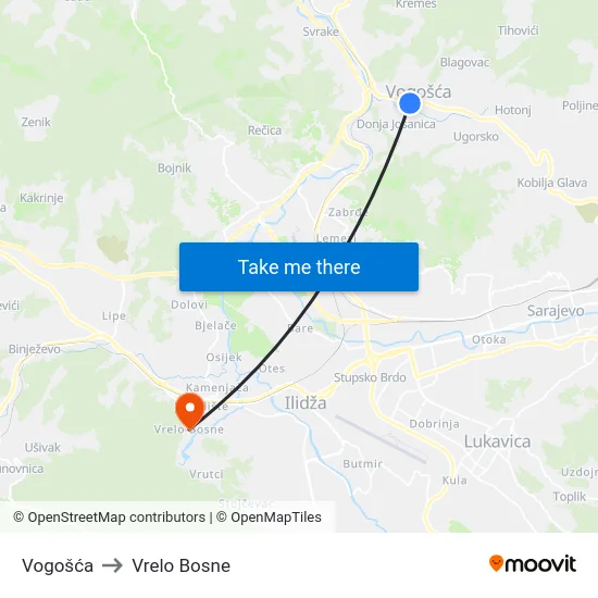 Vogošća to Vrelo Bosne map