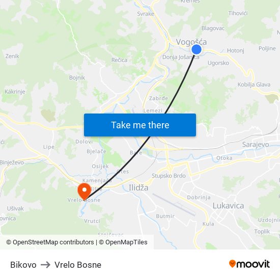 Bikovo to Vrelo Bosne map