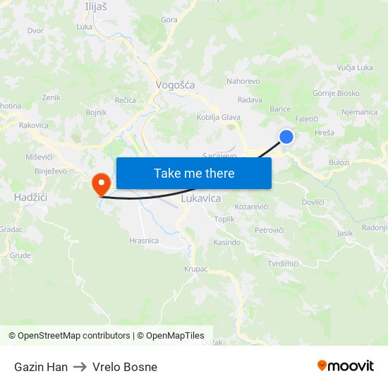 Gazin Han to Vrelo Bosne map