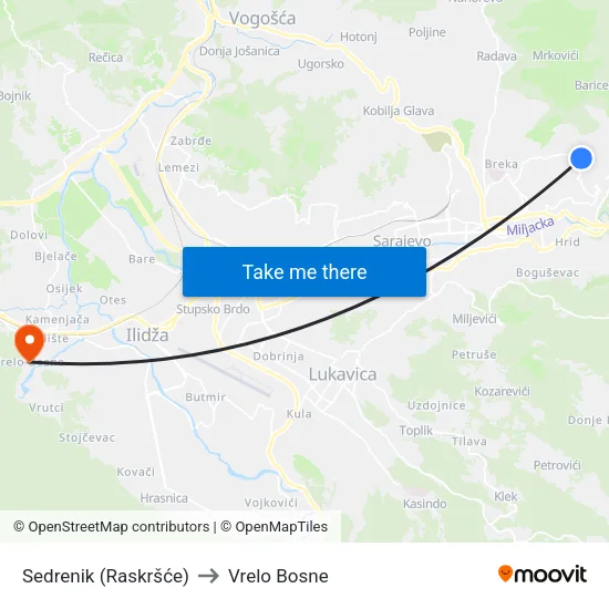 Sedrenik (Raskršće) to Vrelo Bosne map