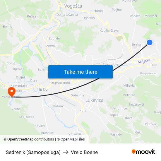 Sedrenik (Samoposluga) to Vrelo Bosne map