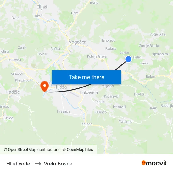 Hladivode I to Vrelo Bosne map