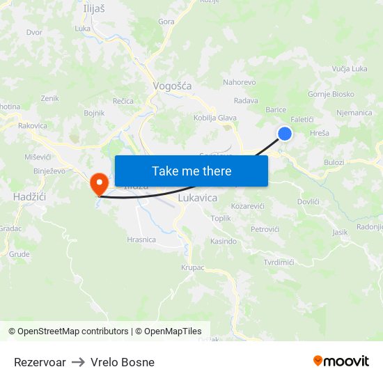 Rezervoar to Vrelo Bosne map