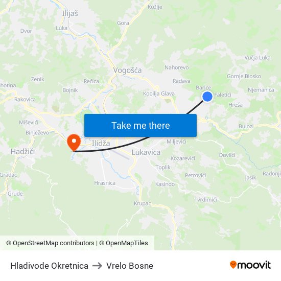 Hladivode Okretnica to Vrelo Bosne map