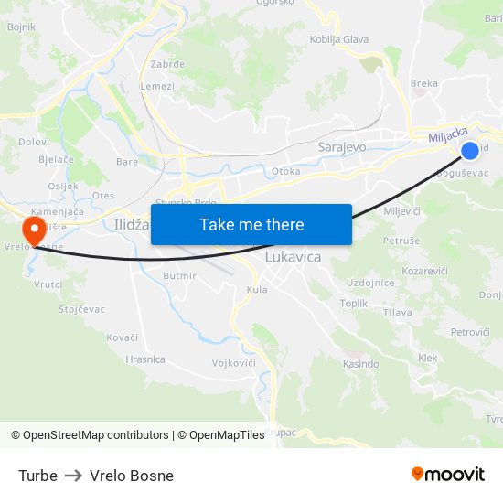 Turbe to Vrelo Bosne map