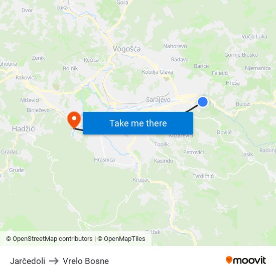 Jarčedoli to Vrelo Bosne map