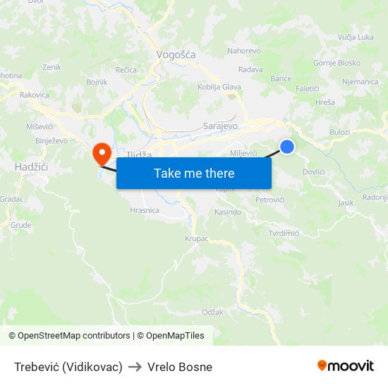Trebević (Vidikovac) to Vrelo Bosne map