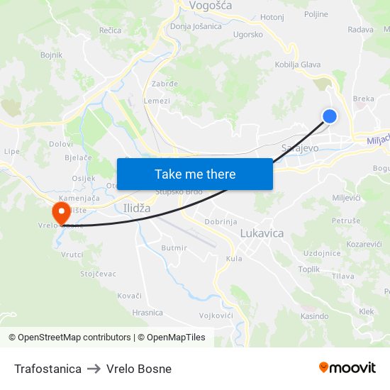 Trafostanica to Vrelo Bosne map