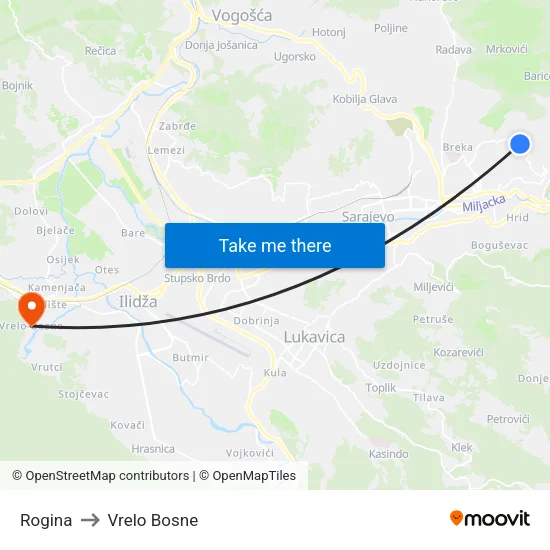 Rogina to Vrelo Bosne map