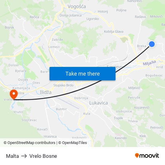 Malta to Vrelo Bosne map