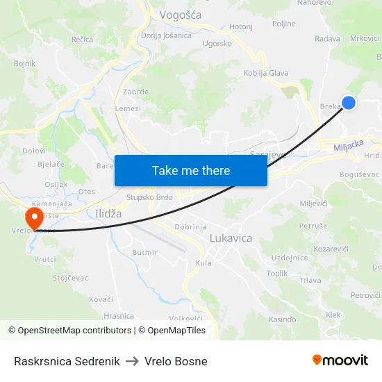 Raskrsnica Sedrenik to Vrelo Bosne map
