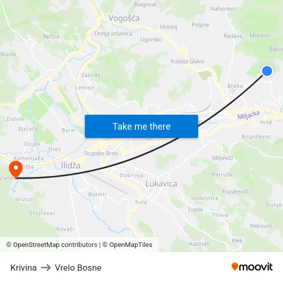 Krivina to Vrelo Bosne map