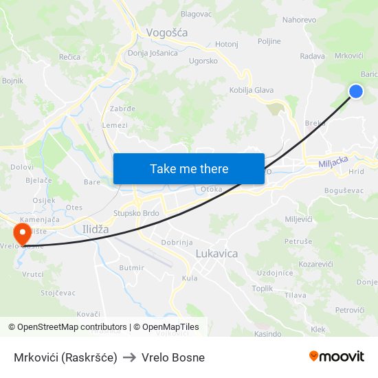 Mrkovići (Raskršće) to Vrelo Bosne map