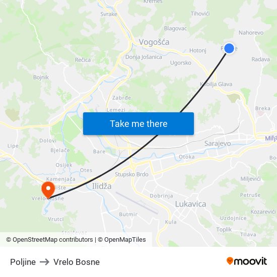 Poljine to Vrelo Bosne map