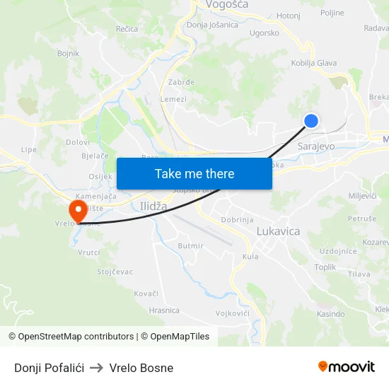 Donji Pofalići to Vrelo Bosne map