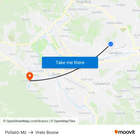 Pofalići Mz to Vrelo Bosne map