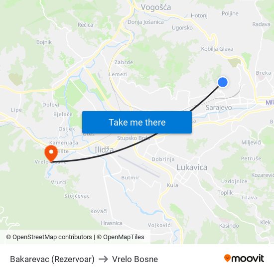 Bakarevac (Rezervoar) to Vrelo Bosne map