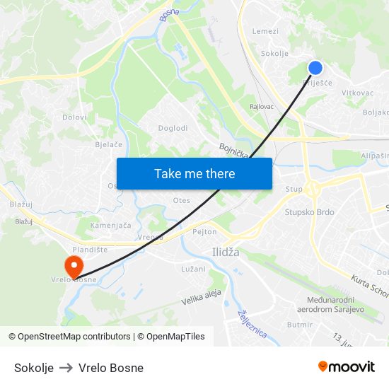 Sokolje to Vrelo Bosne map