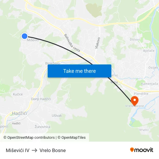 Miševići IV to Vrelo Bosne map