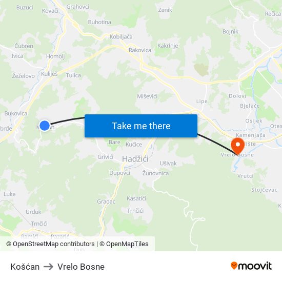 Košćan to Vrelo Bosne map