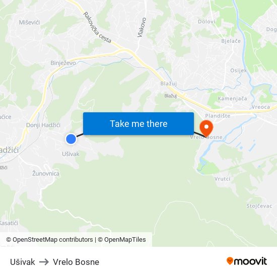 Ušivak to Vrelo Bosne map