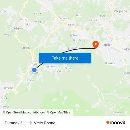 Duranovići I to Vrelo Bosne map