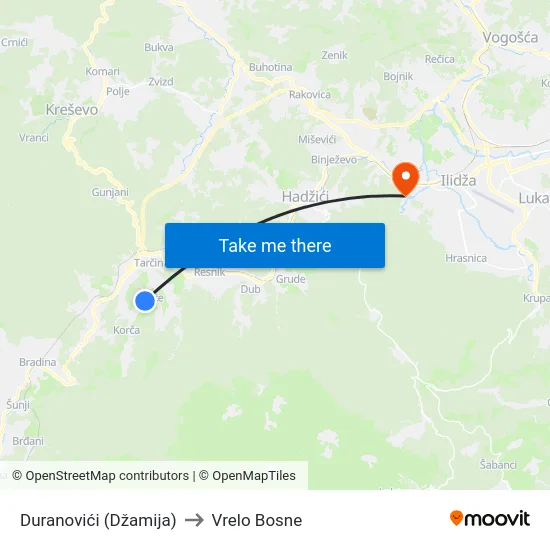 Duranovići (Džamija) to Vrelo Bosne map