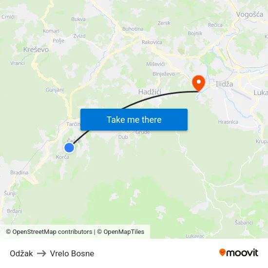 Odžak to Vrelo Bosne map