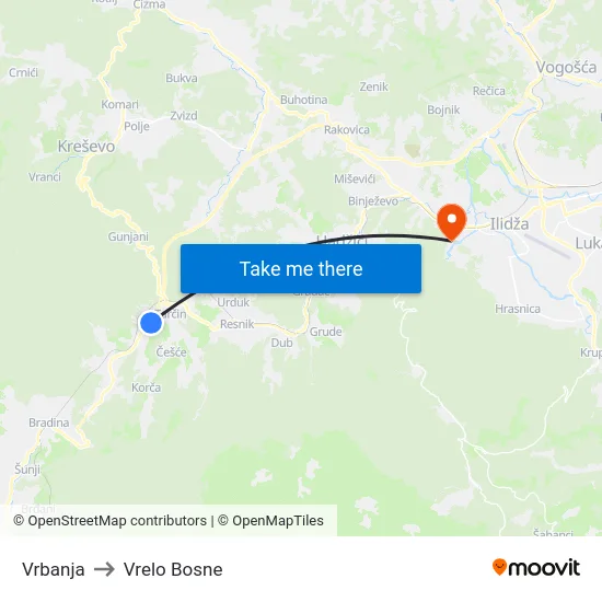 Vrbanja to Vrelo Bosne map