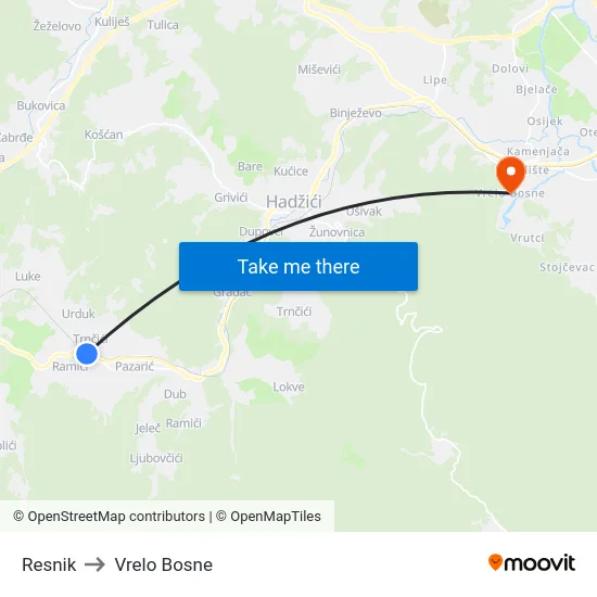 Resnik to Vrelo Bosne map