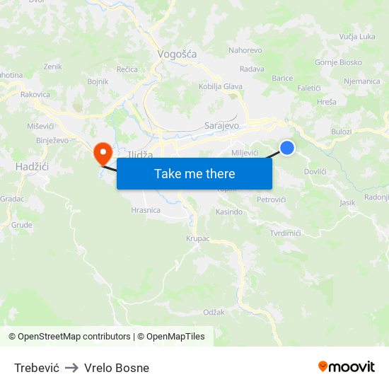 Trebević to Vrelo Bosne map