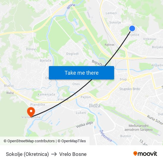 Sokolje (Okretnica) to Vrelo Bosne map