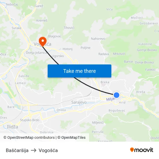 Baščaršija to Vogošća map
