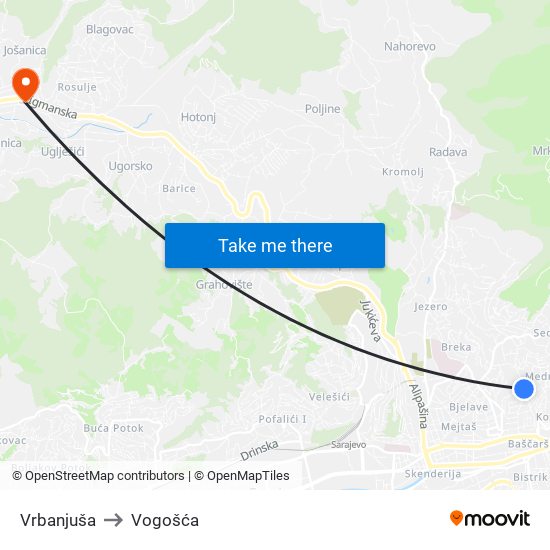 Vrbanjuša to Vogošća map